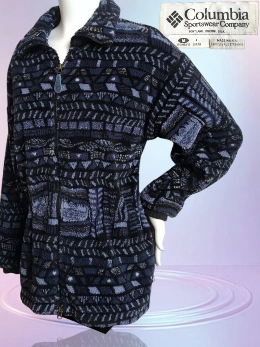 VTG USA Columbia Jacket Womens Sz MED Fleece Abstract Aztec Southwest Full Zip